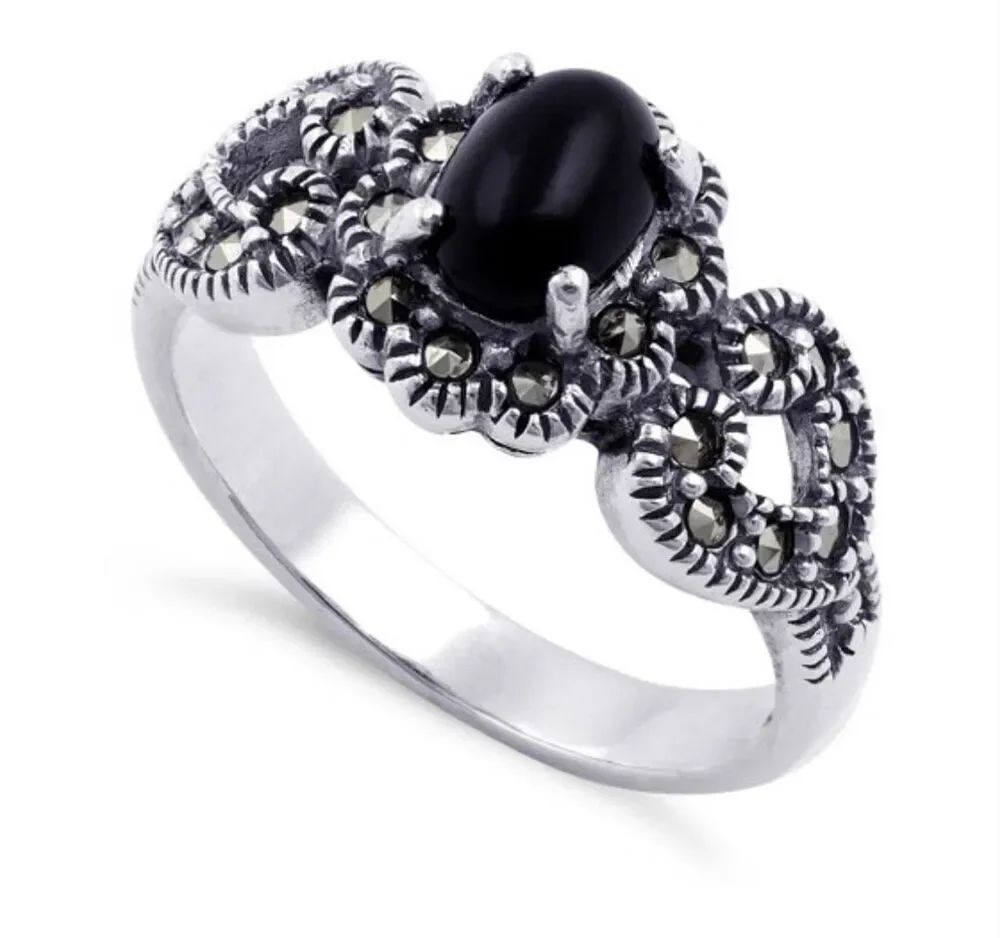 Sterling Silver Oval Black Onyx Flower Hearts Marcasite Ring